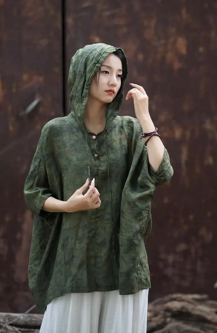 Hooded Vintage Green Linen and Ramie Sun Shirt for Women