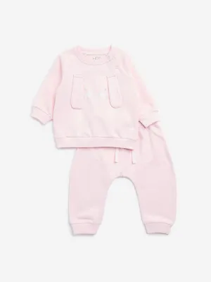 HOP Baby Pink Animal Design Cotton Sweatshirt with Pants Set