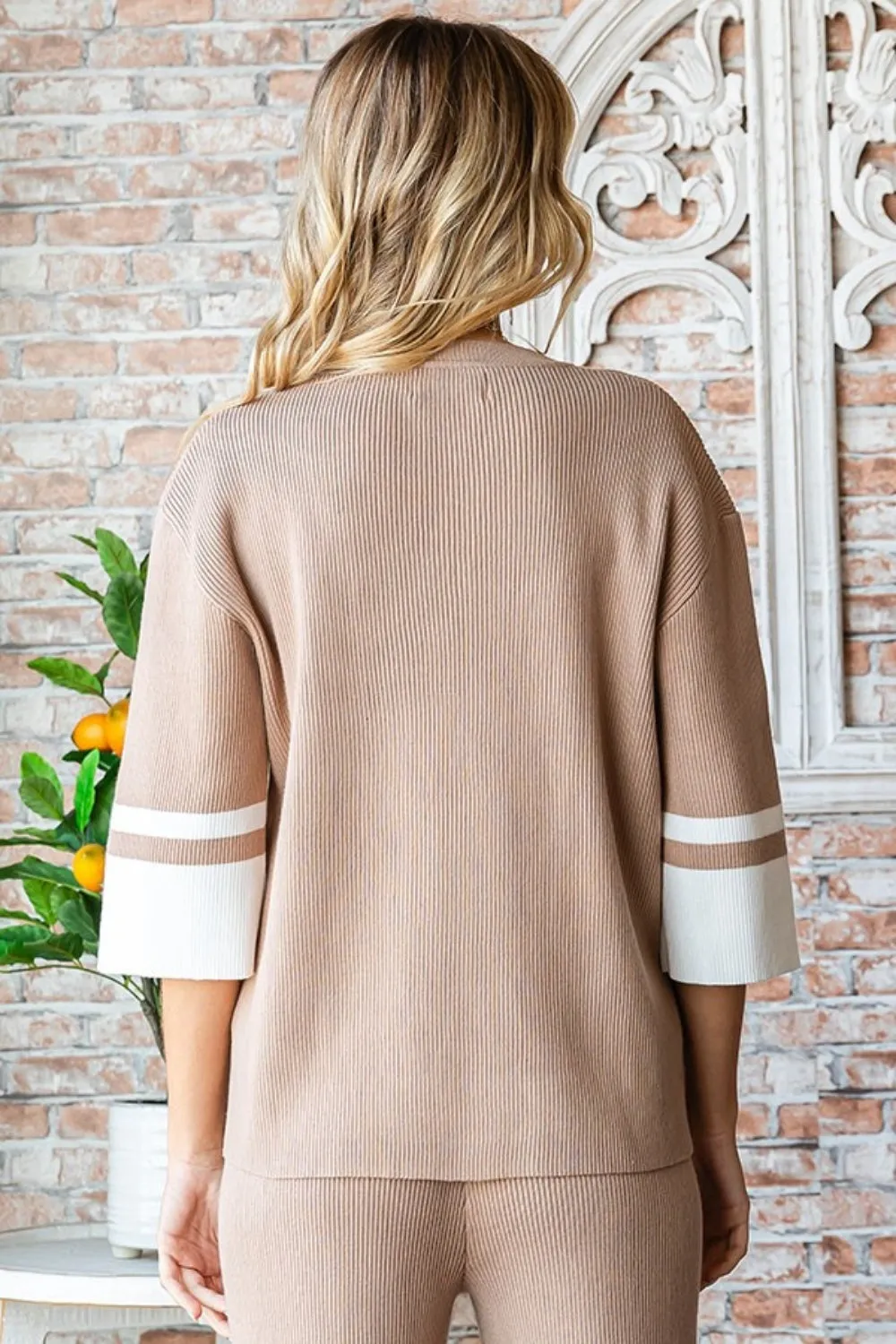 Hot Girl First Love Contrast V Neck Ribbed Knit Long Sleeve Top