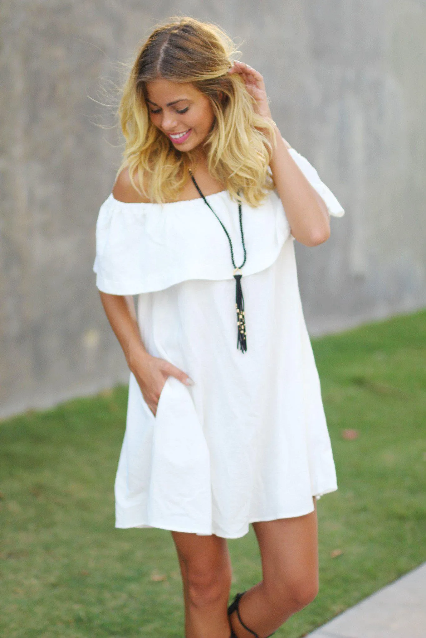 Ivory Off Shoulder Ruffle Short Dress