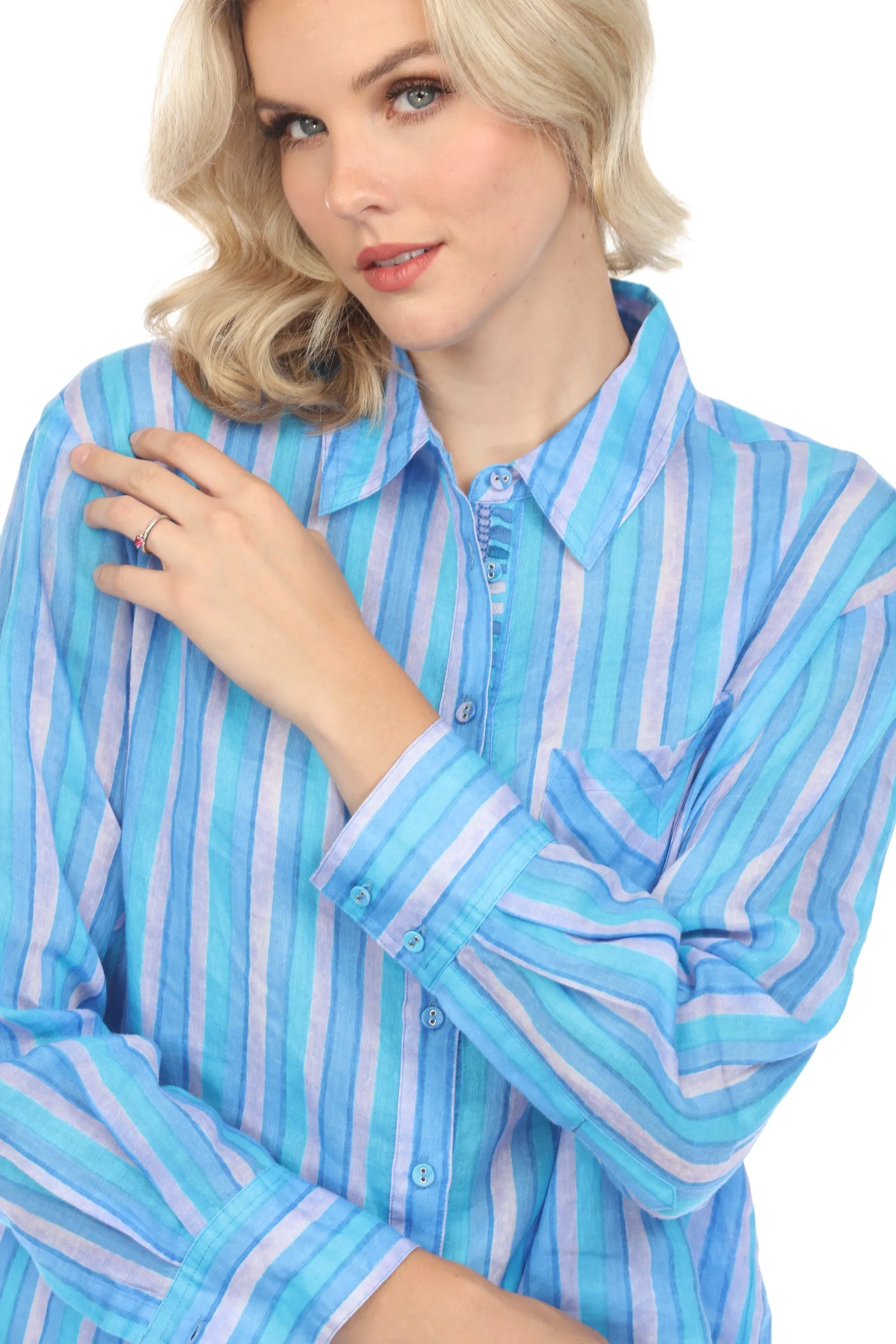 Johnny Was Workshop Blue Oslo Striped Button-Down Shirt Boho Chic W19424