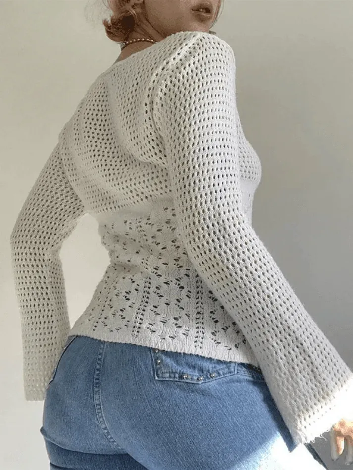 Joskaa Tie Front White Open Knit Top