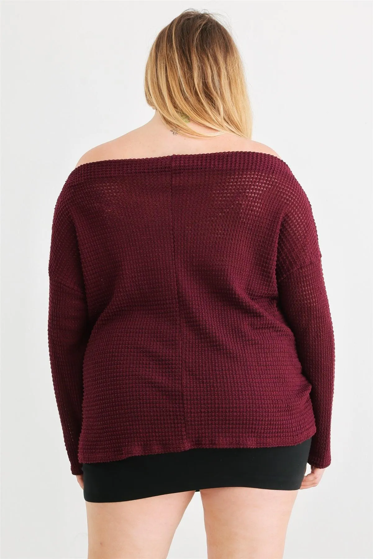 Junior Plus Burgundy Waffle Knit Off-The-Shoulder Twist Hem Top /3-2-1