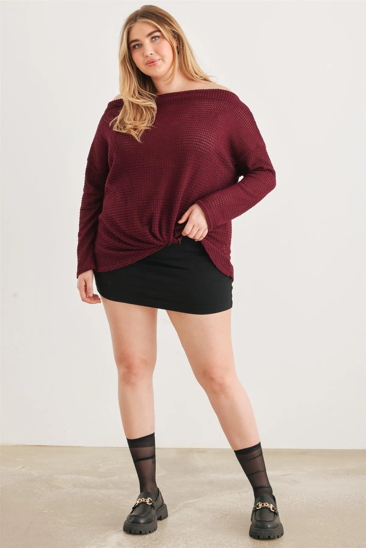 Junior Plus Burgundy Waffle Knit Off-The-Shoulder Twist Hem Top /3-2-1