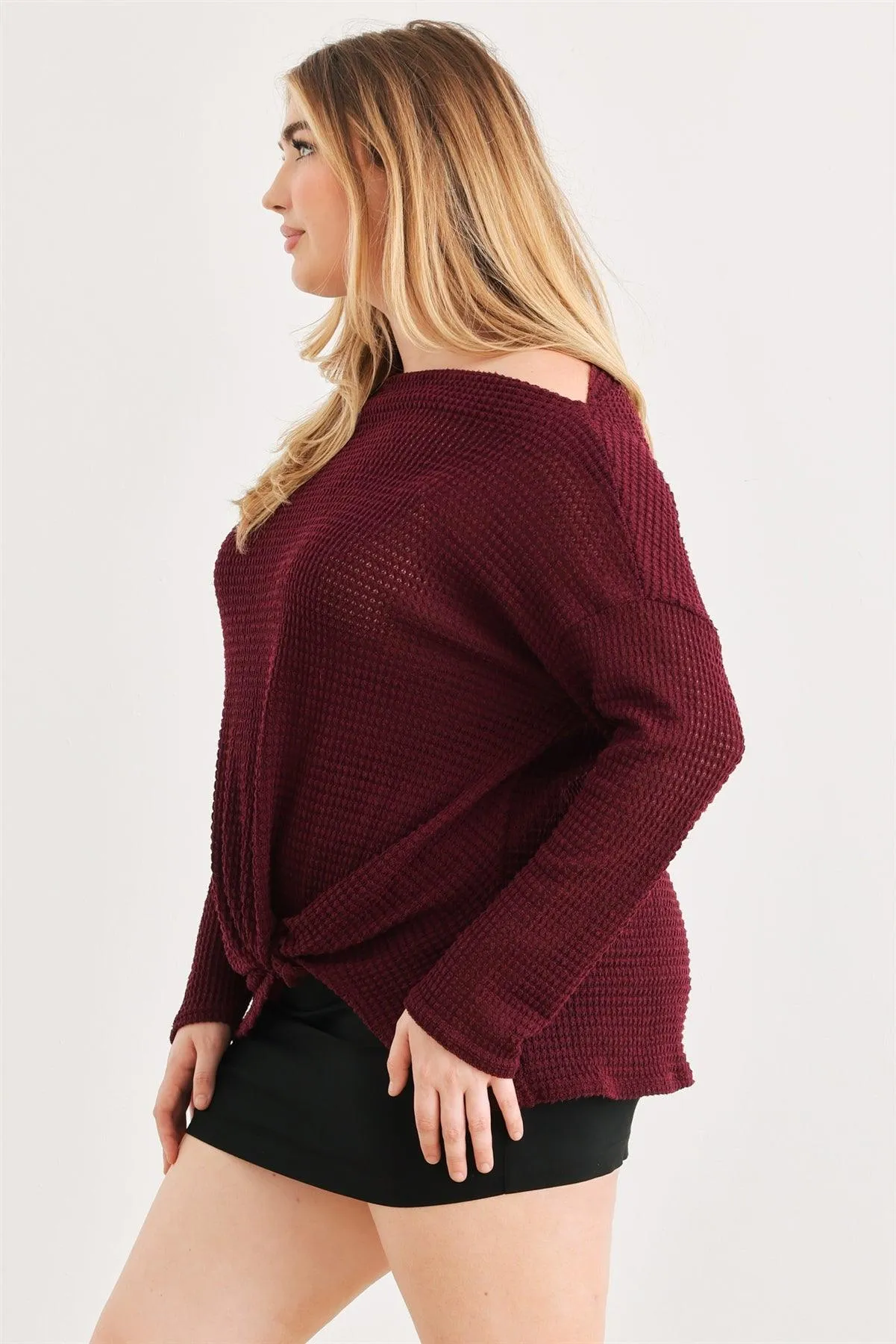 Junior Plus Burgundy Waffle Knit Off-The-Shoulder Twist Hem Top /3-2-1