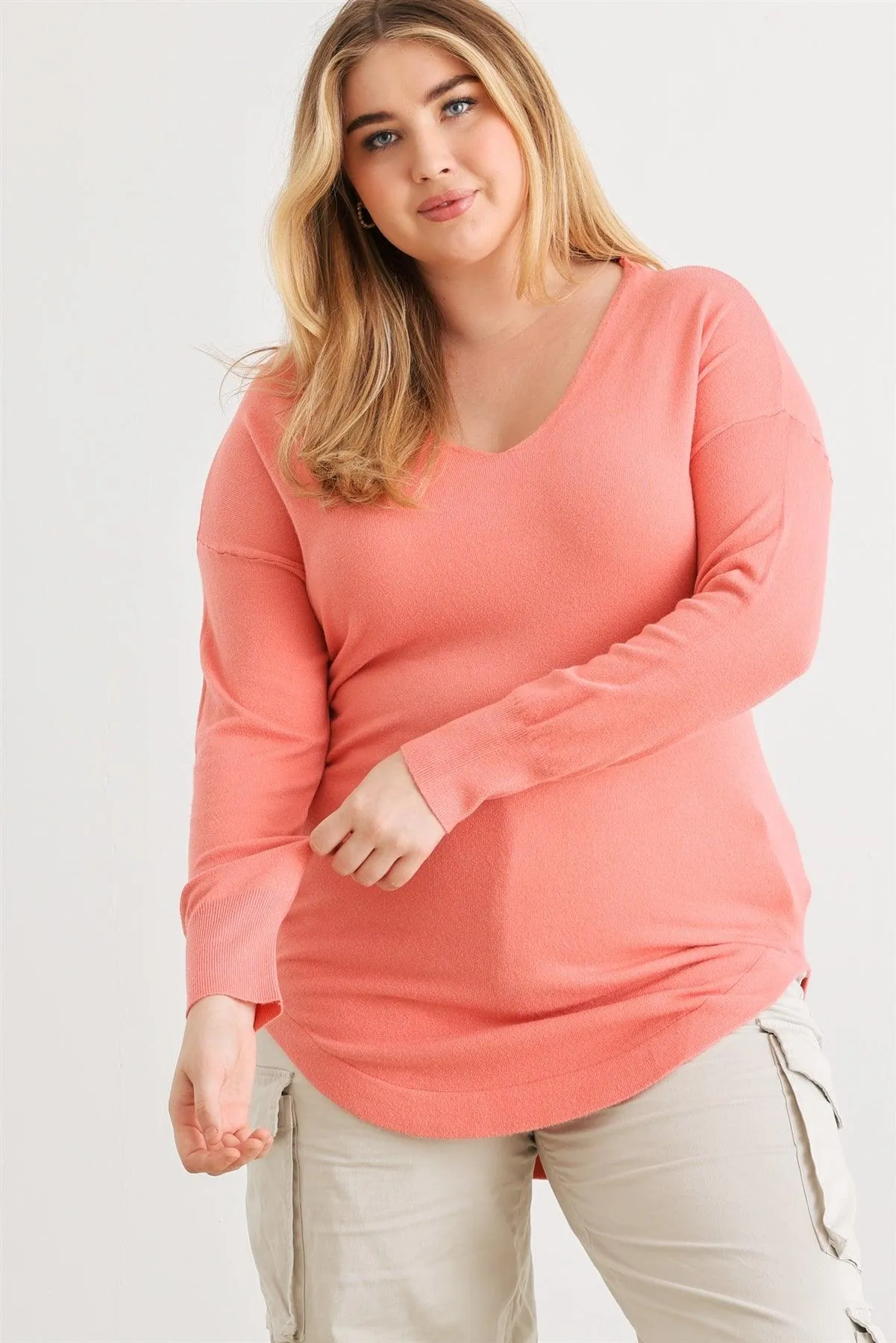 Junior Plus Coral Knit Back Lace-Up Curved Hem Top /2-1-1