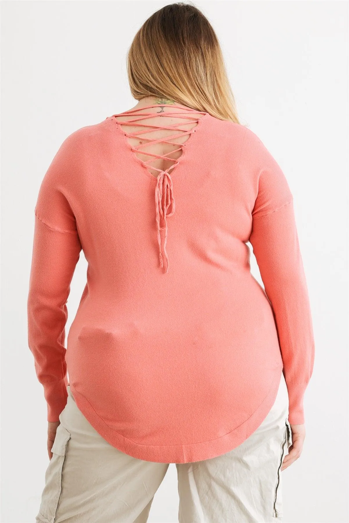 Junior Plus Coral Knit Back Lace-Up Curved Hem Top /2-1-1