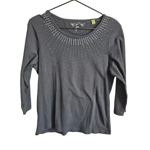 Knit De Knit Womens Sz S 3/4 Sleeve Top Black Studded Neckline