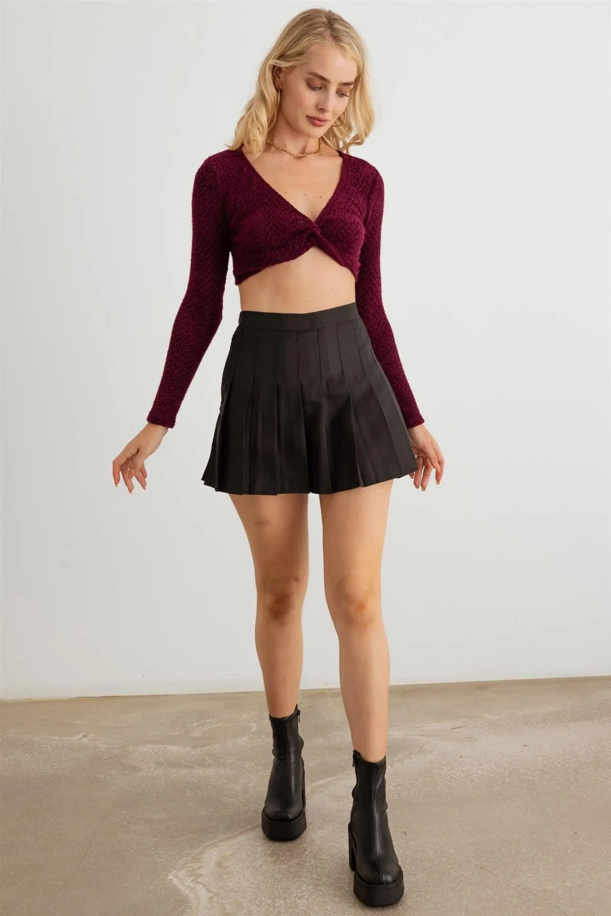 Knit Long Sleeve Twist Front Crop Top