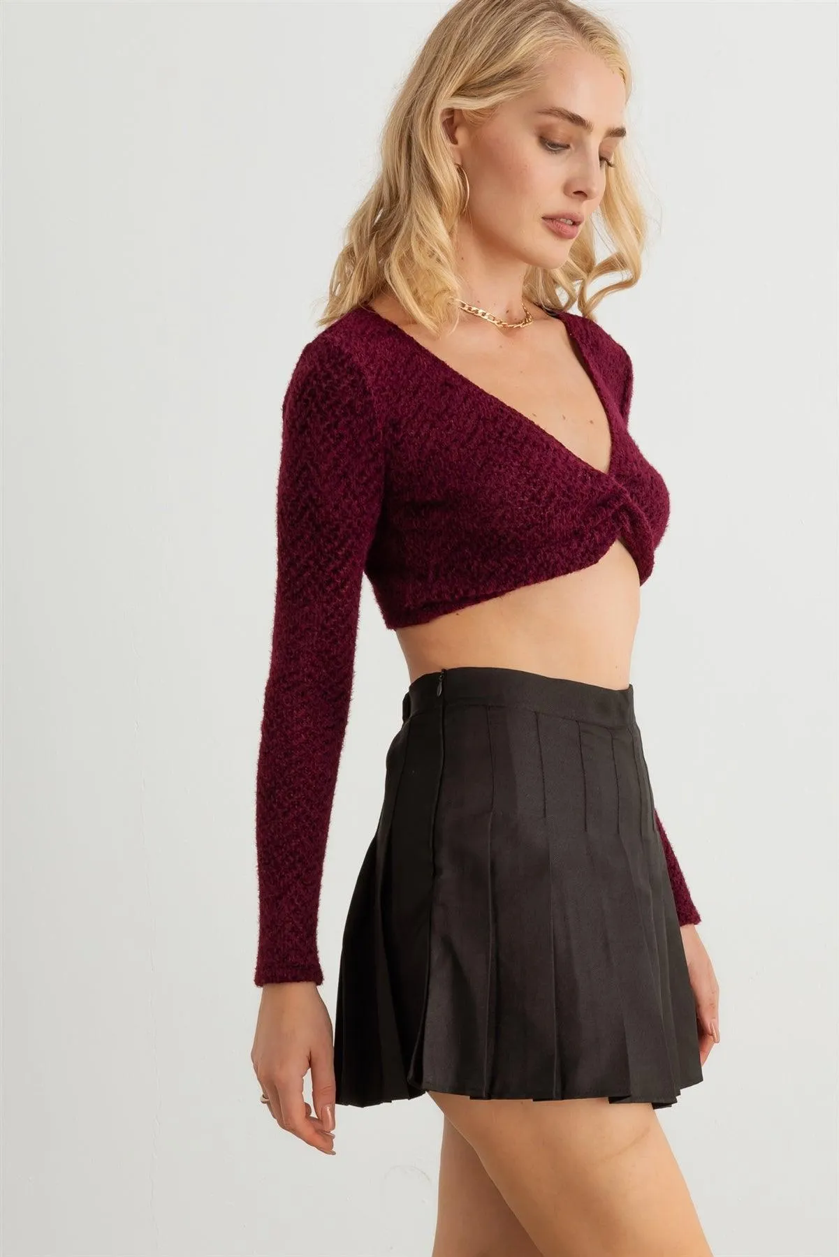 Knit Long Sleeve Twist Front Crop Top
