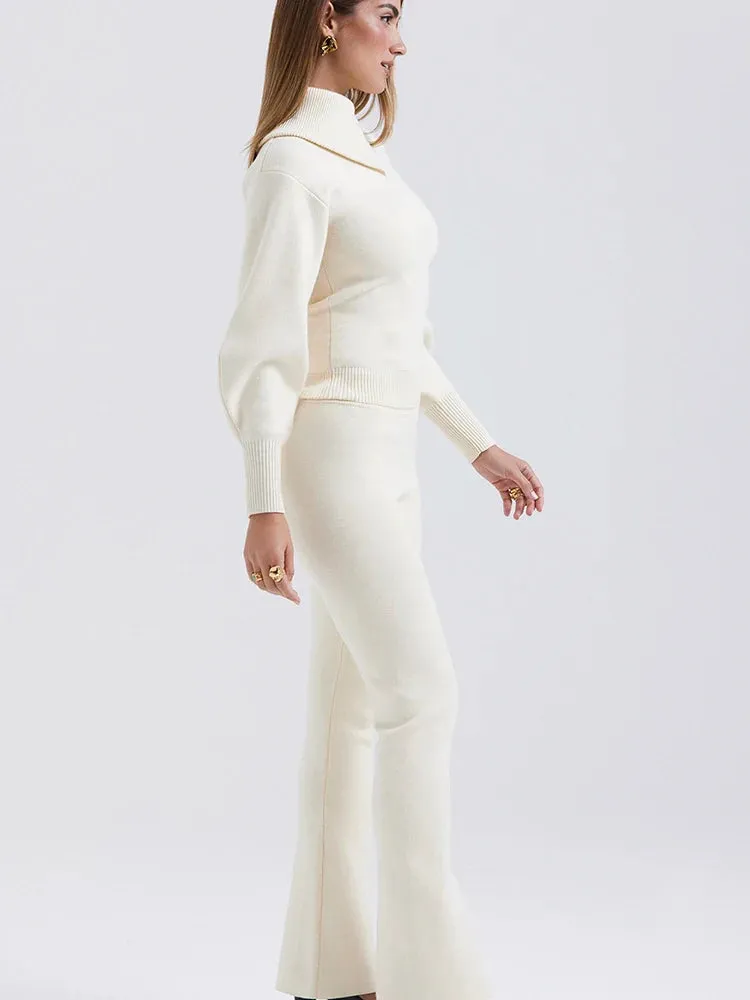 Knit Rib Long Sleeve Graceful Top And Pants Set