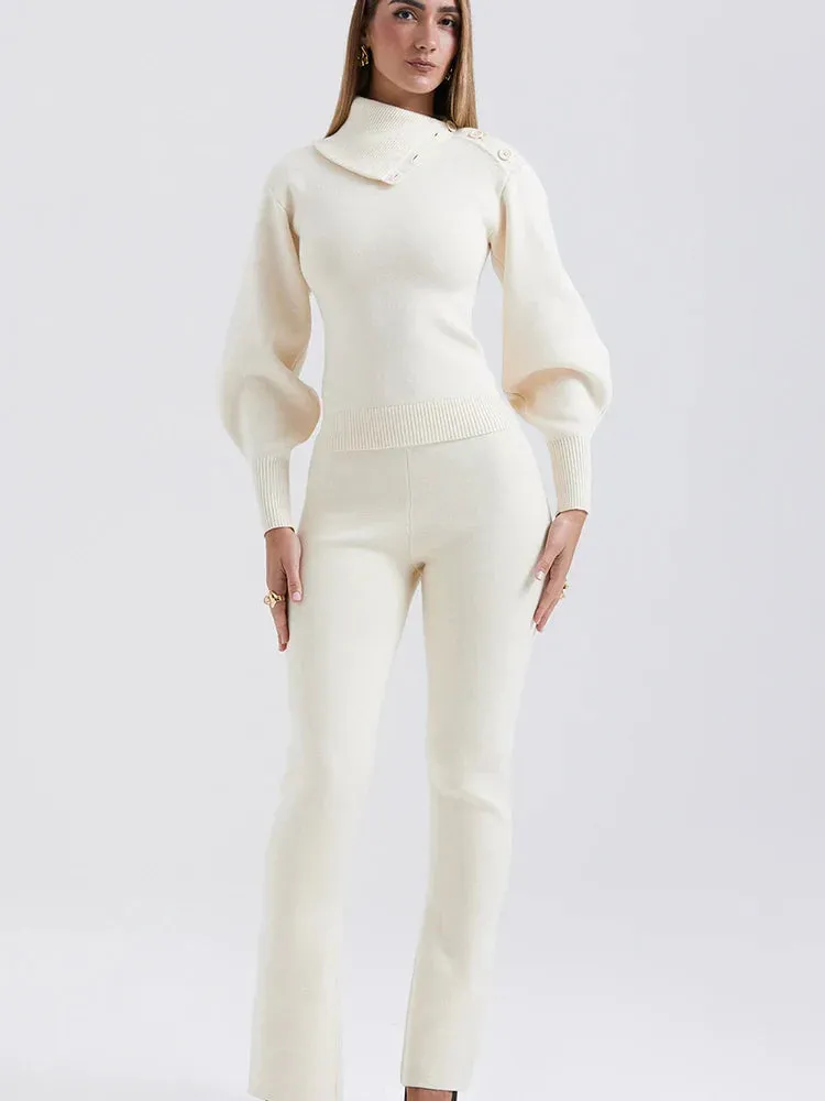 Knit Rib Long Sleeve Graceful Top And Pants Set