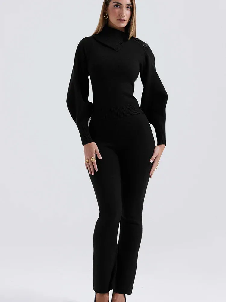 Knit Rib Long Sleeve Graceful Top And Pants Set