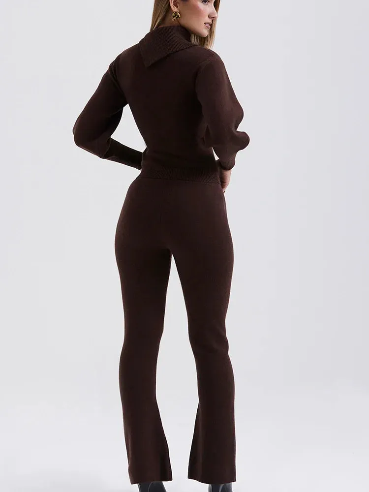 Knit Rib Long Sleeve Graceful Top And Pants Set