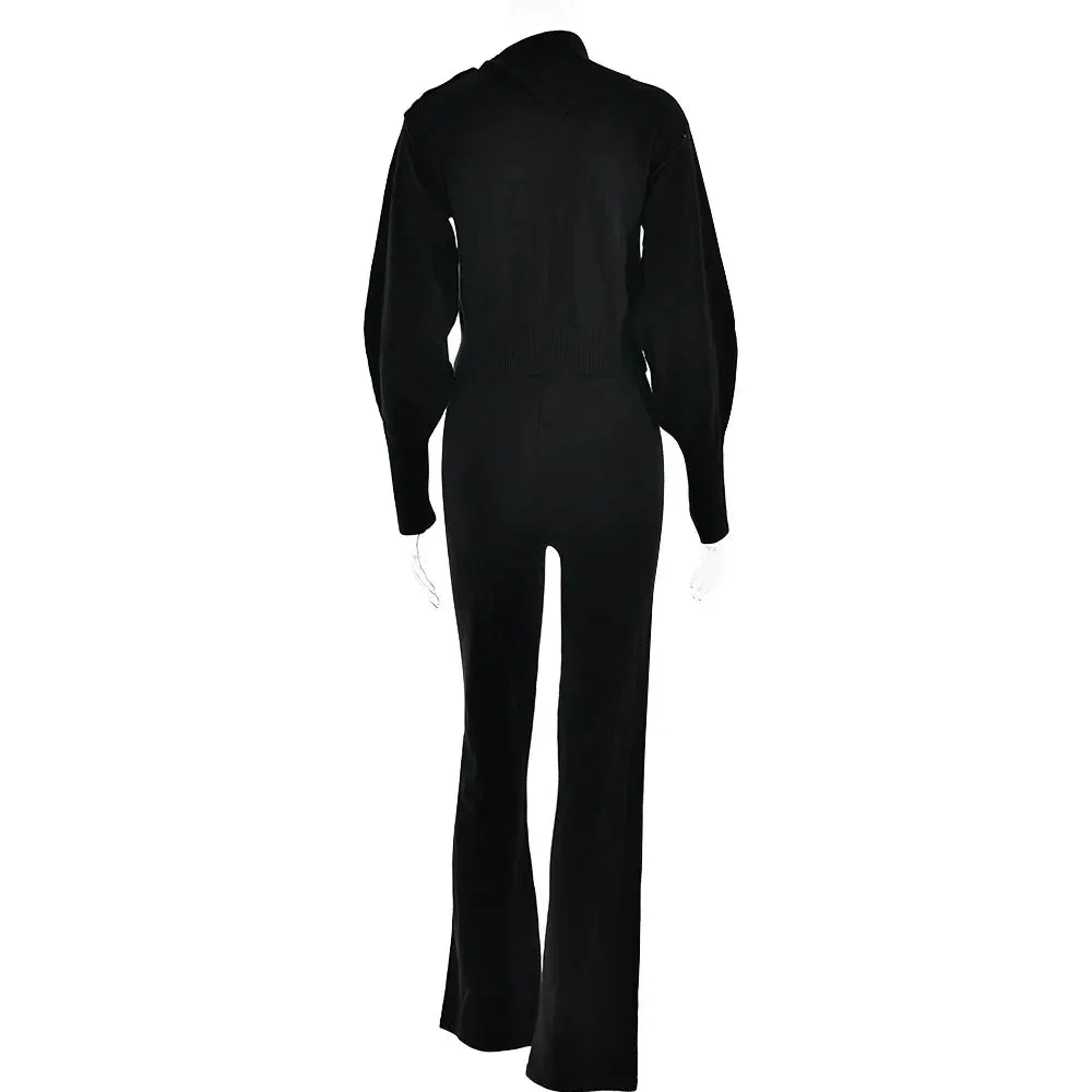 Knit Rib Long Sleeve Graceful Top And Pants Set