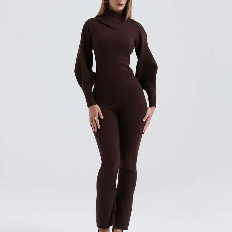 Knit Rib Long Sleeve Graceful Top And Pants Set