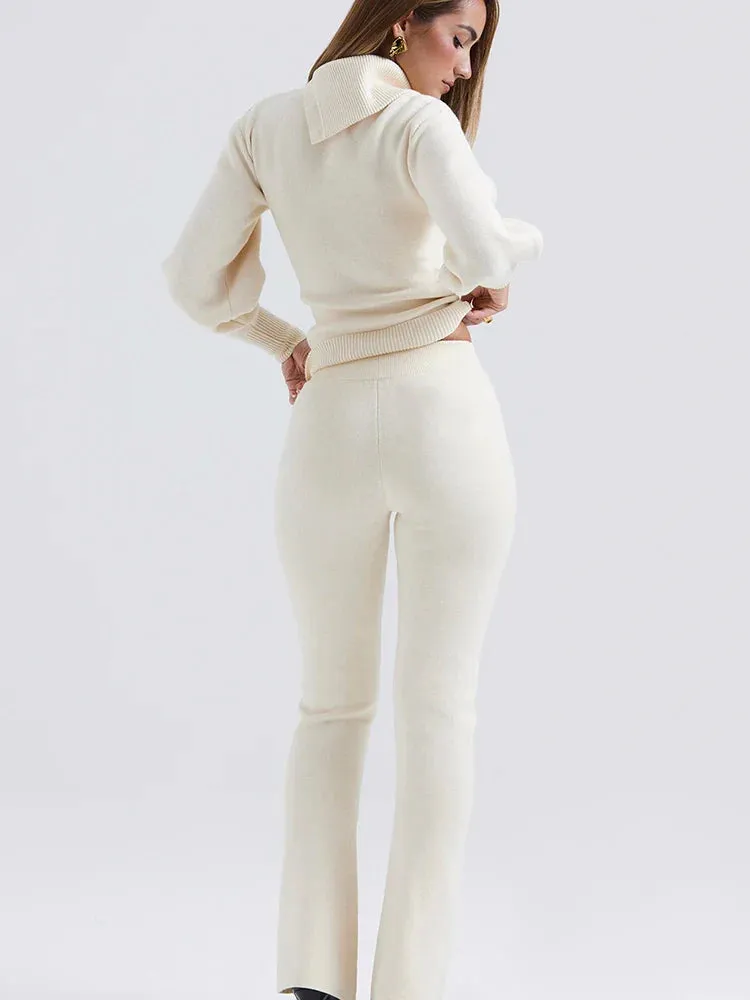 Knit Rib Long Sleeve Graceful Top And Pants Set