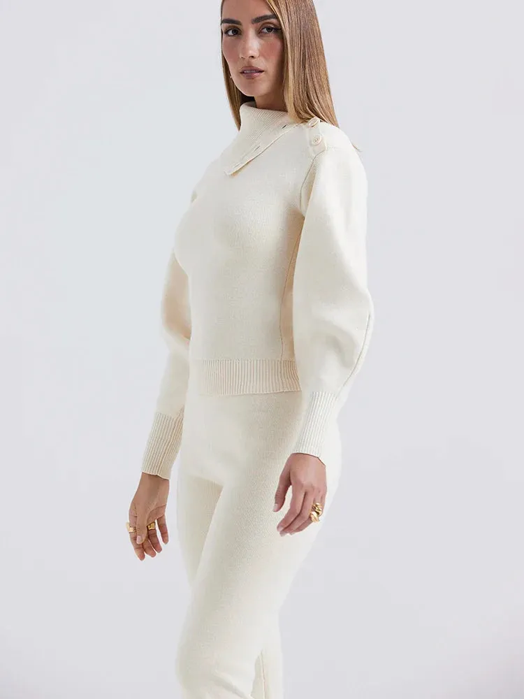 Knit Rib Long Sleeve Graceful Top And Pants Set