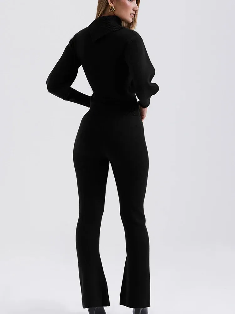 Knit Rib Long Sleeve Graceful Top And Pants Set