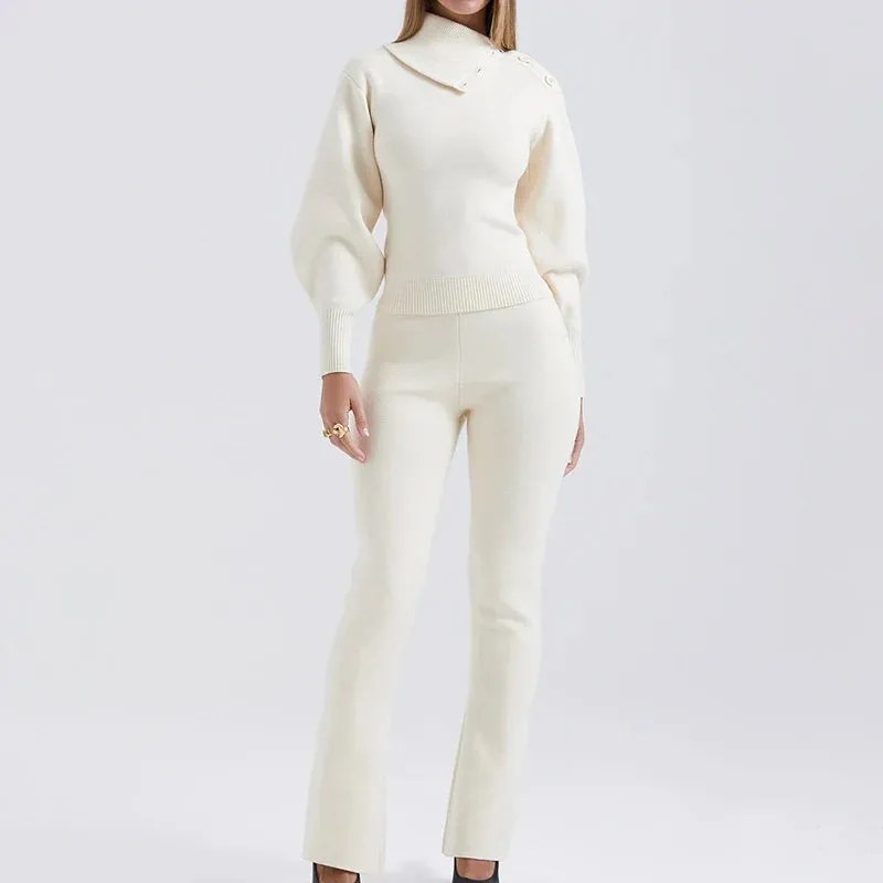 Knit Rib Long Sleeve Graceful Top And Pants Set