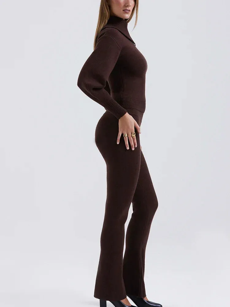 Knit Rib Long Sleeve Graceful Top And Pants Set