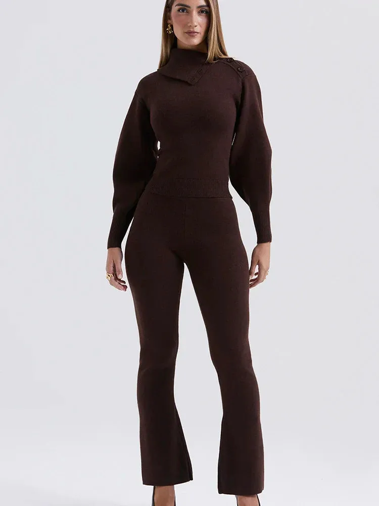 Knit Rib Long Sleeve Graceful Top And Pants Set