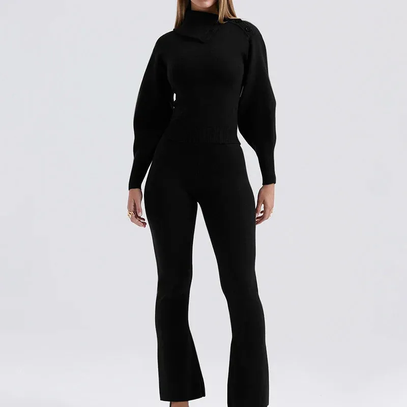 Knit Rib Long Sleeve Graceful Top And Pants Set