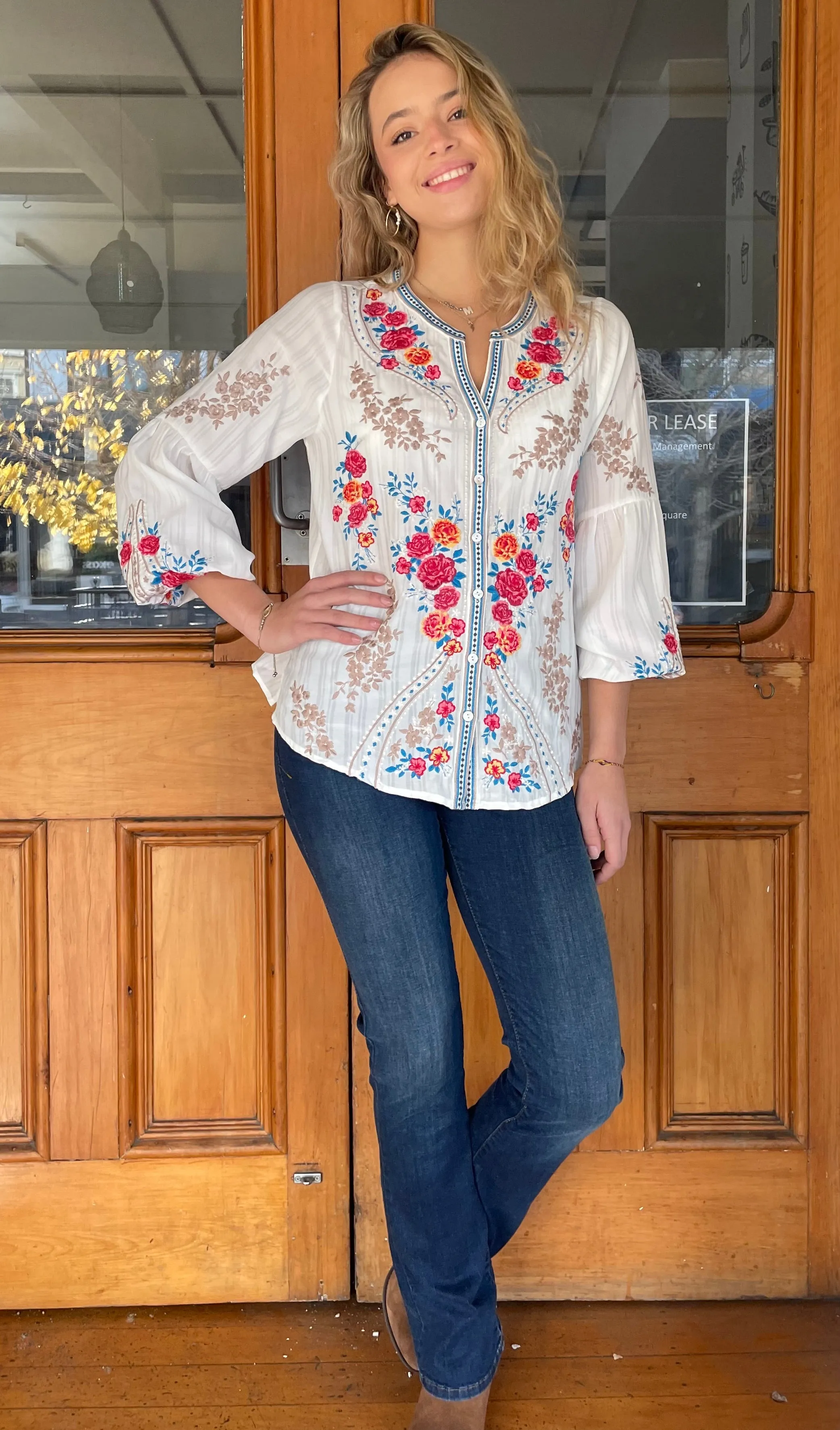Largo Embroidered Button Down Top Ivory