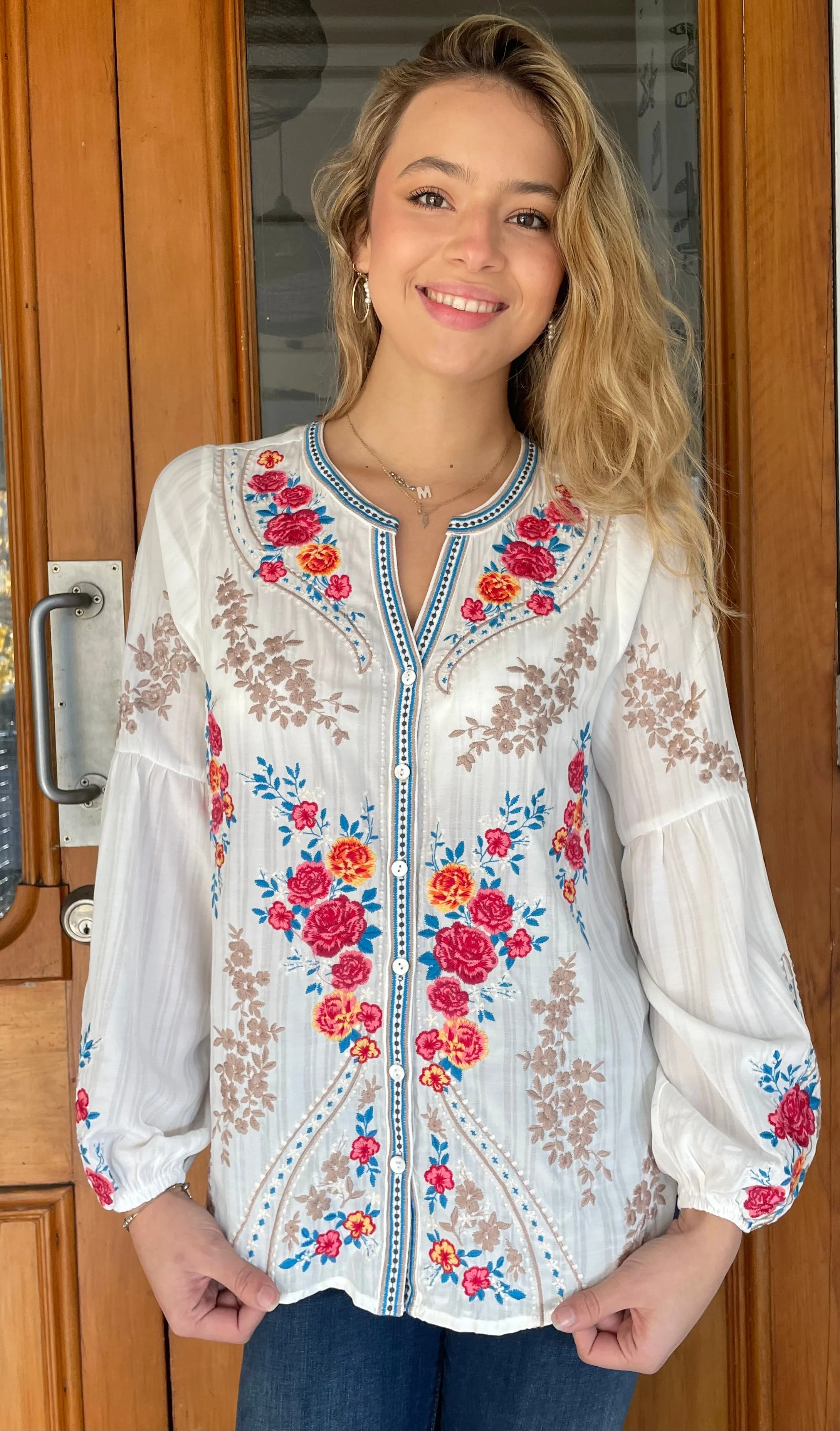 Largo Embroidered Button Down Top Ivory