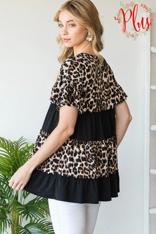 Leopard and Solid Ruffle Knit Top