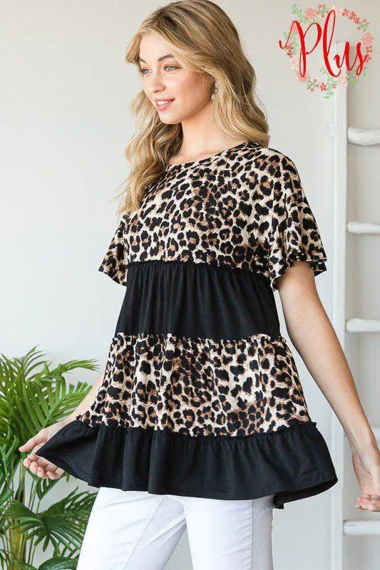 Leopard and Solid Ruffle Knit Top