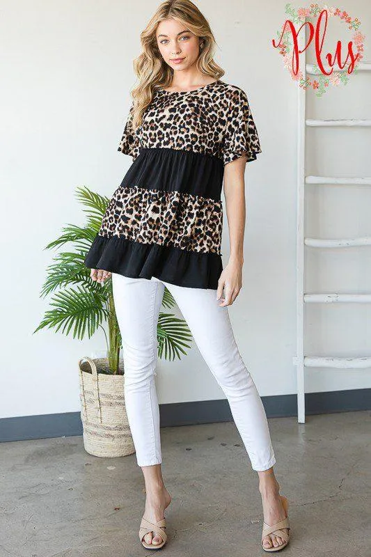 Leopard and Solid Ruffle Knit Top