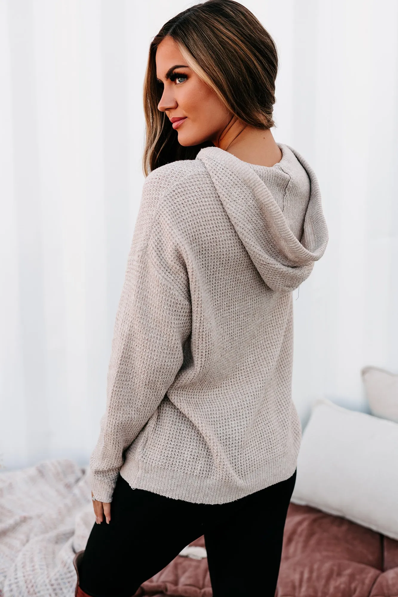 Let's Stay In Hooded Waffle Knit Sweater (Mocha)
