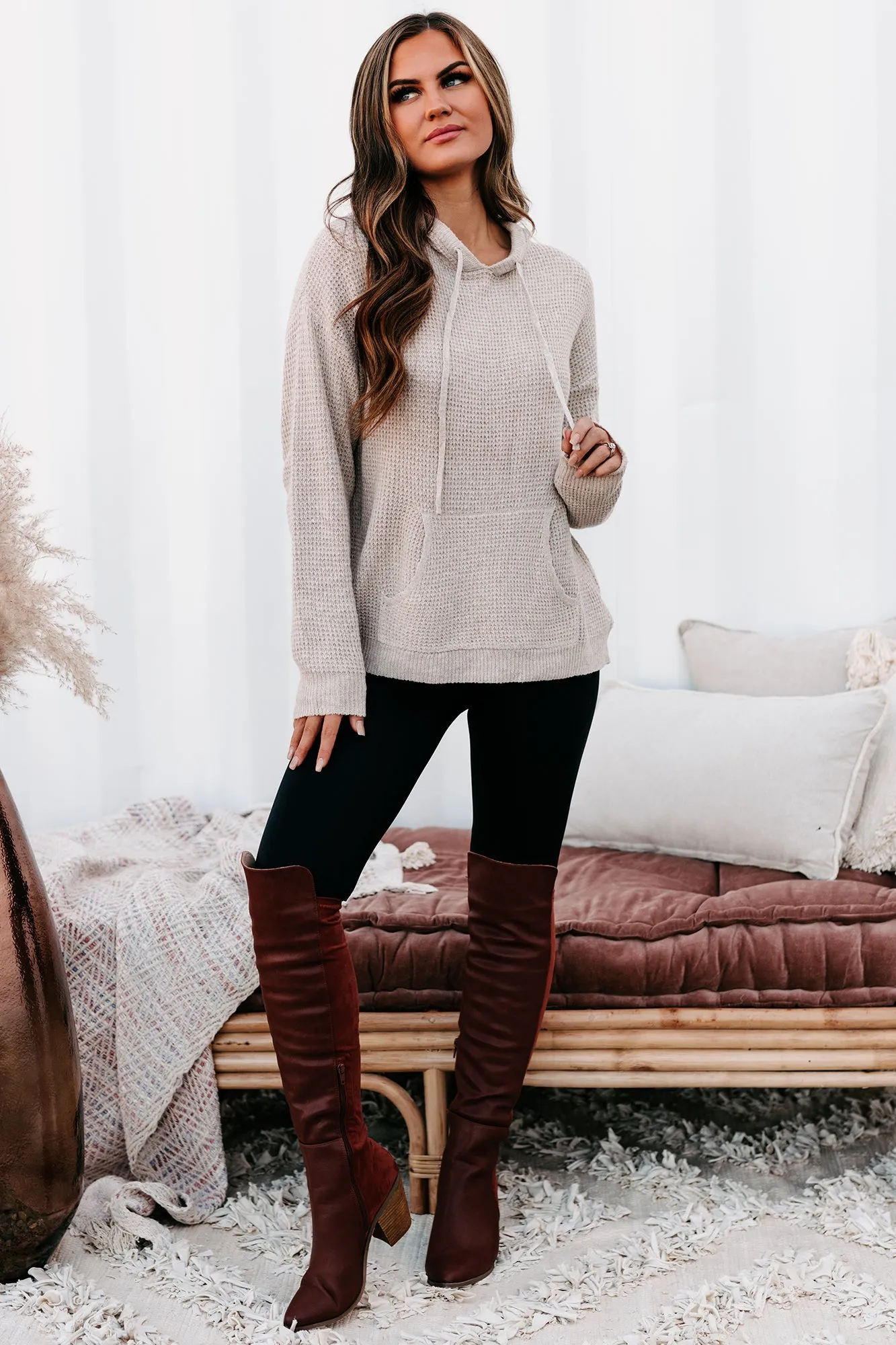 Let's Stay In Hooded Waffle Knit Sweater (Mocha)