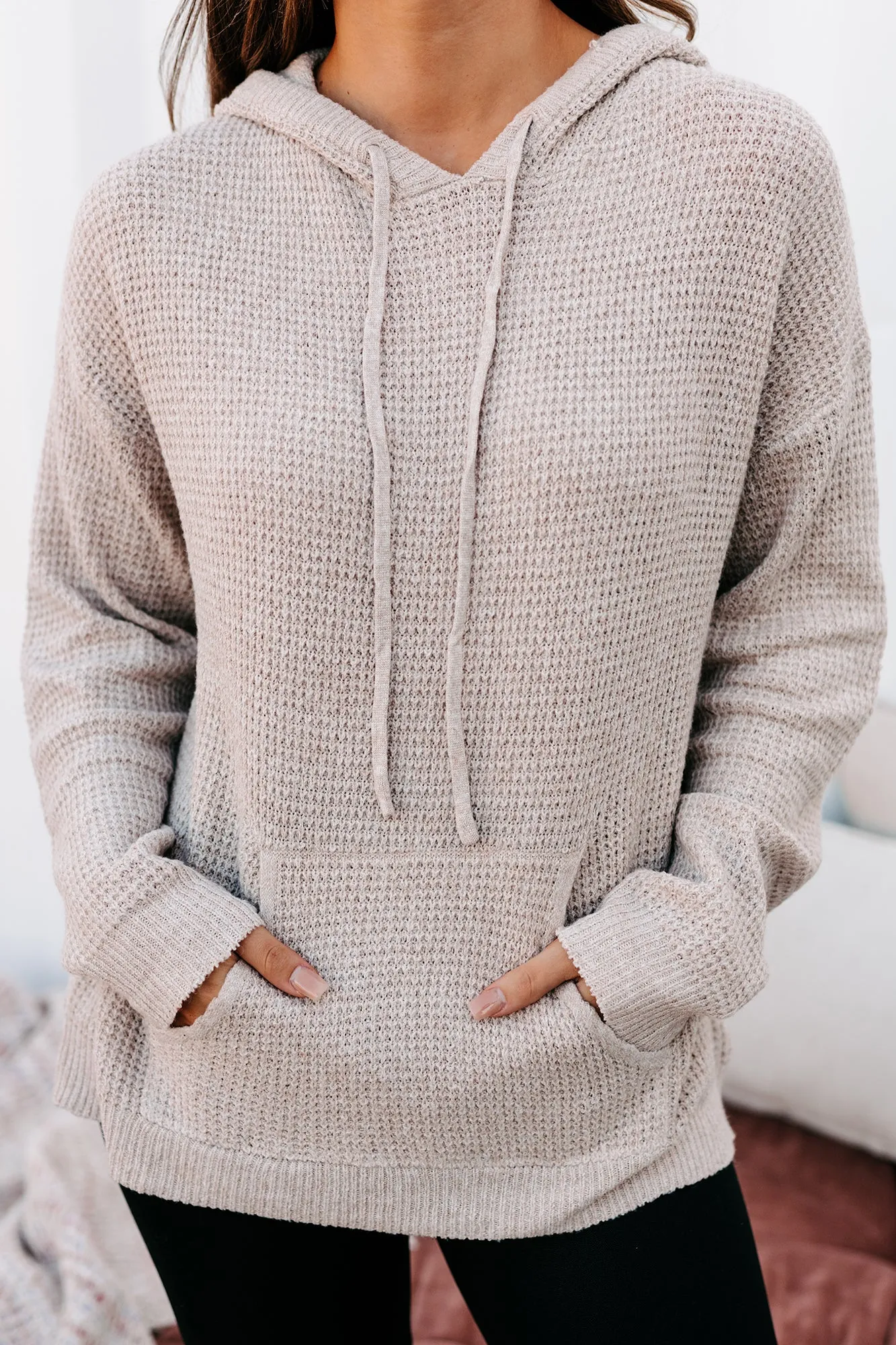 Let's Stay In Hooded Waffle Knit Sweater (Mocha)