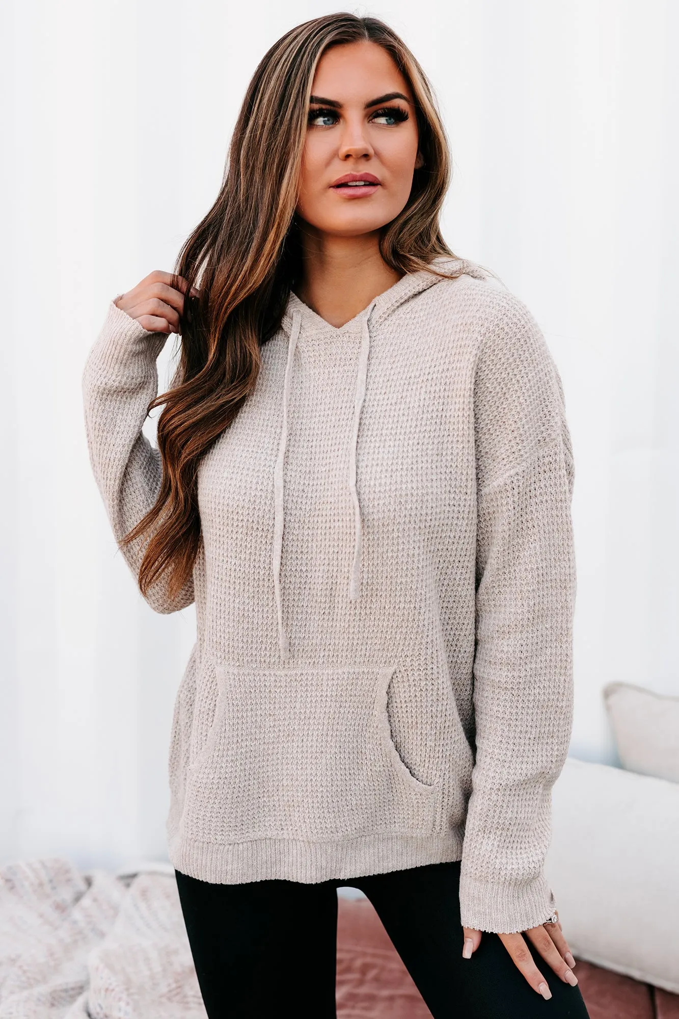 Let's Stay In Hooded Waffle Knit Sweater (Mocha)