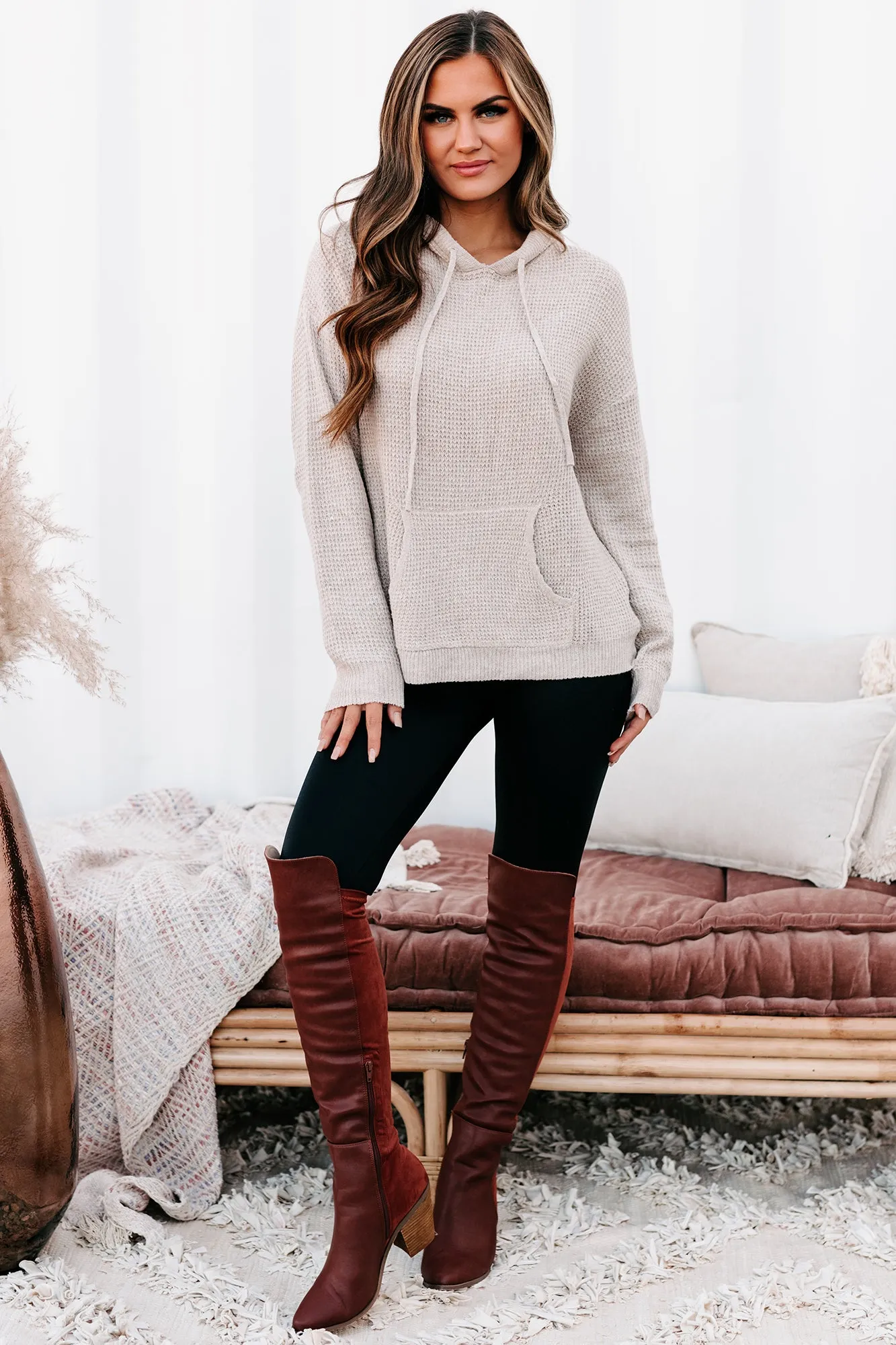 Let's Stay In Hooded Waffle Knit Sweater (Mocha)