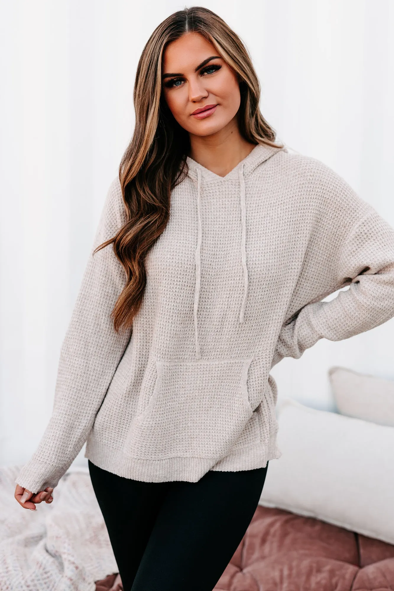 Let's Stay In Hooded Waffle Knit Sweater (Mocha)