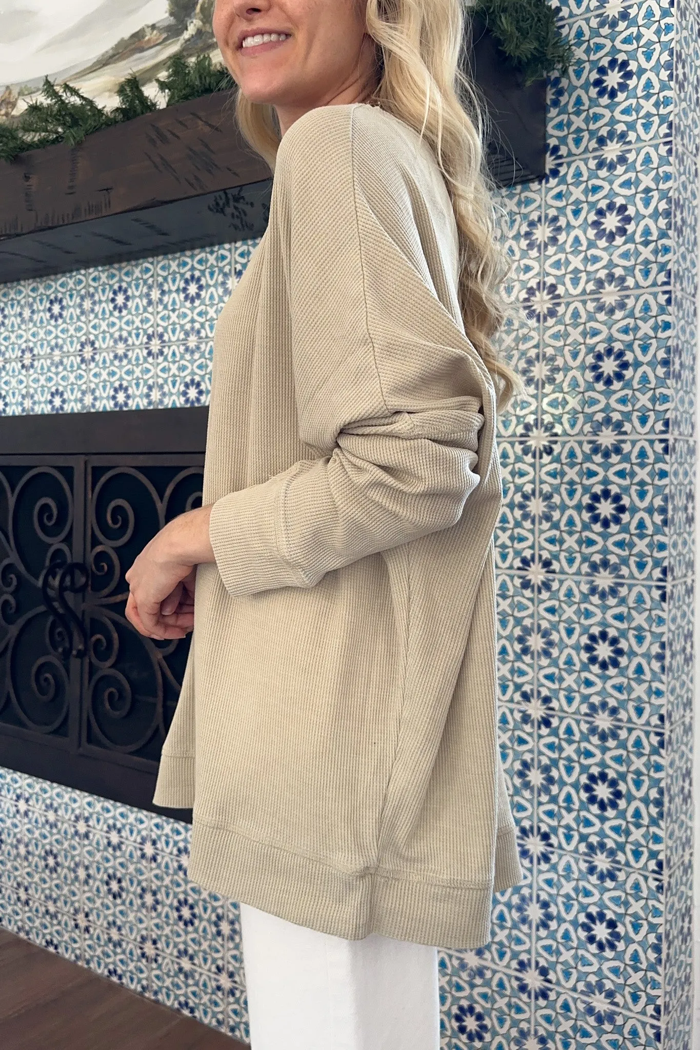 Libby Waffle Knit Boatneck Top in Khaki