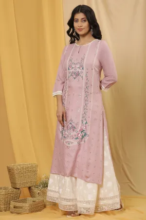 Light Purple Printed Festive Kurta And Culottes Set