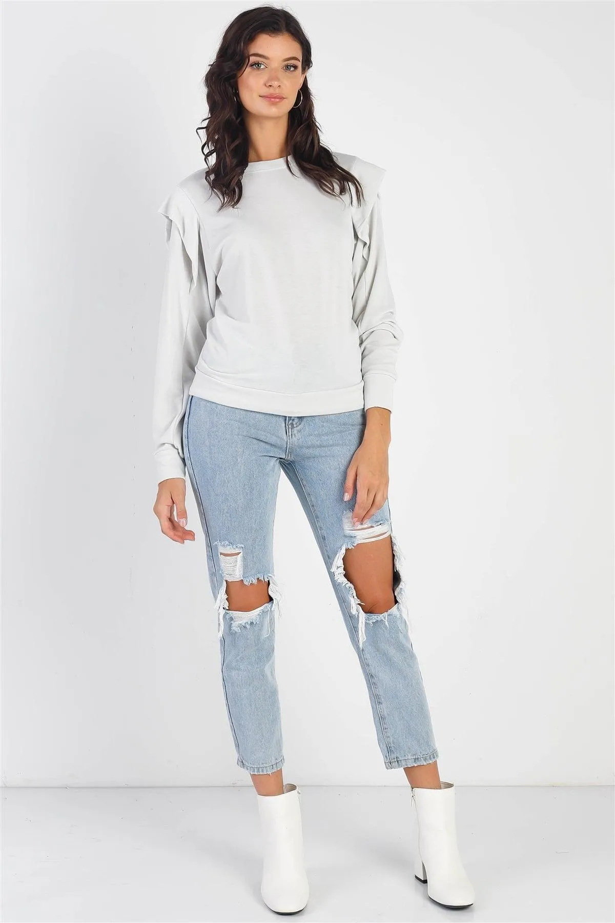 Light Sage Round Neck Long Sleeve Knit Top