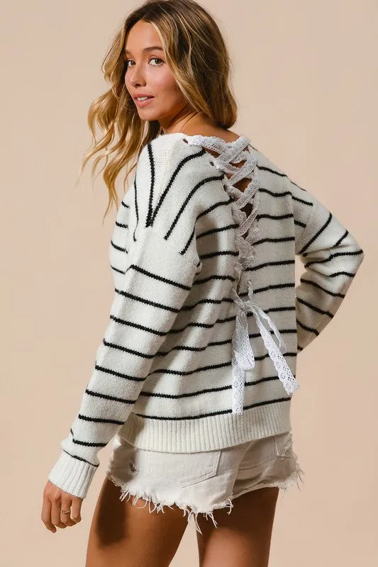 LISA BACK LACE UP DETAIL STRIPE V NECK KNIT TOP S-XL