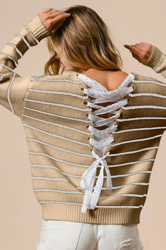 LISA BACK LACE UP DETAIL STRIPE V NECK KNIT TOP S-XL
