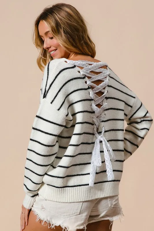 LISA BACK LACE UP DETAIL STRIPE V NECK KNIT TOP S-XL