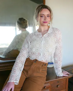 Long Sleeve Cropped Crochet Cardigan Sweater with Kaleidoscope Floral Design