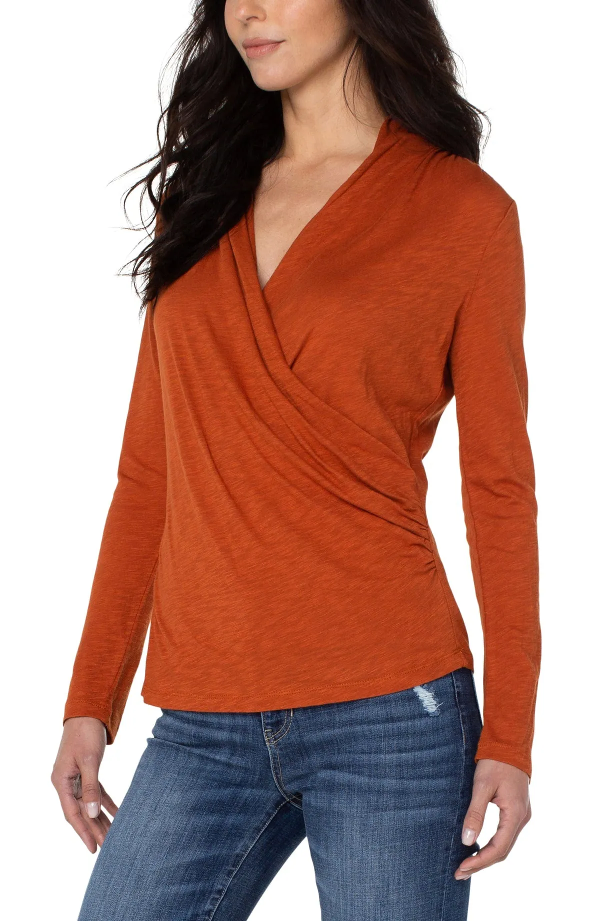 Long Sleeve Wrap Front Slub Knit - Henna