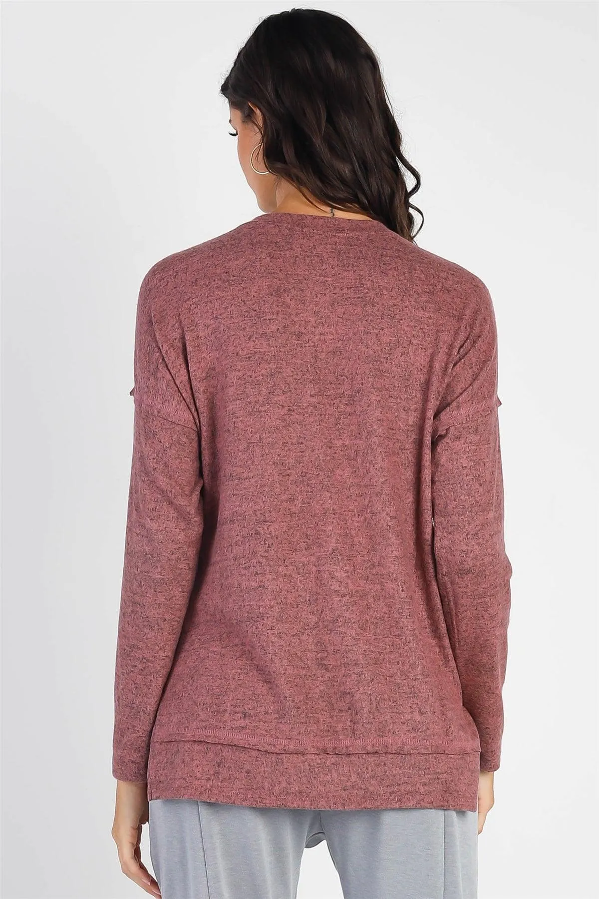 Mauve Flannel Button-Up Trim Long Sleeve Top
