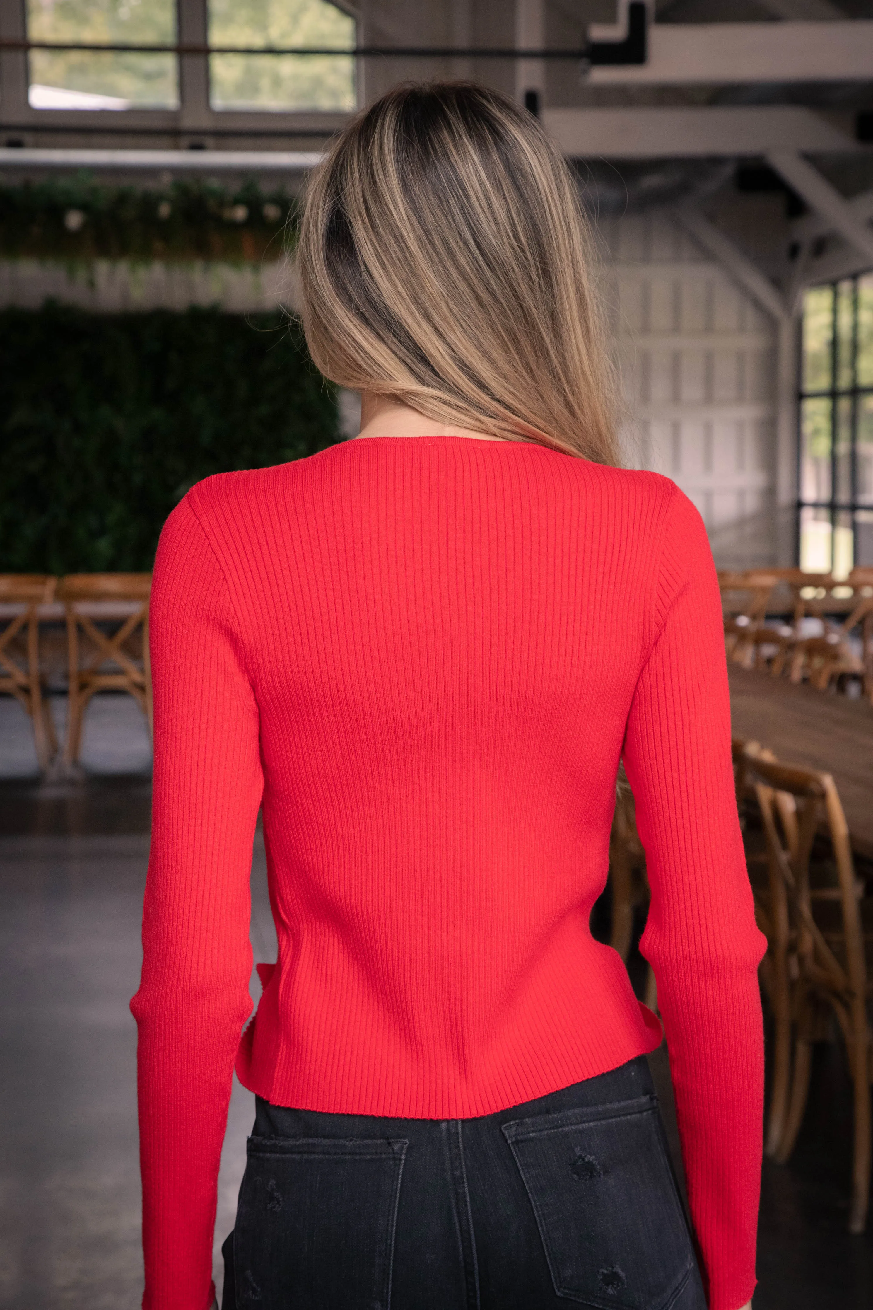 Meg Satin Bow Detail Sweater Top, Red