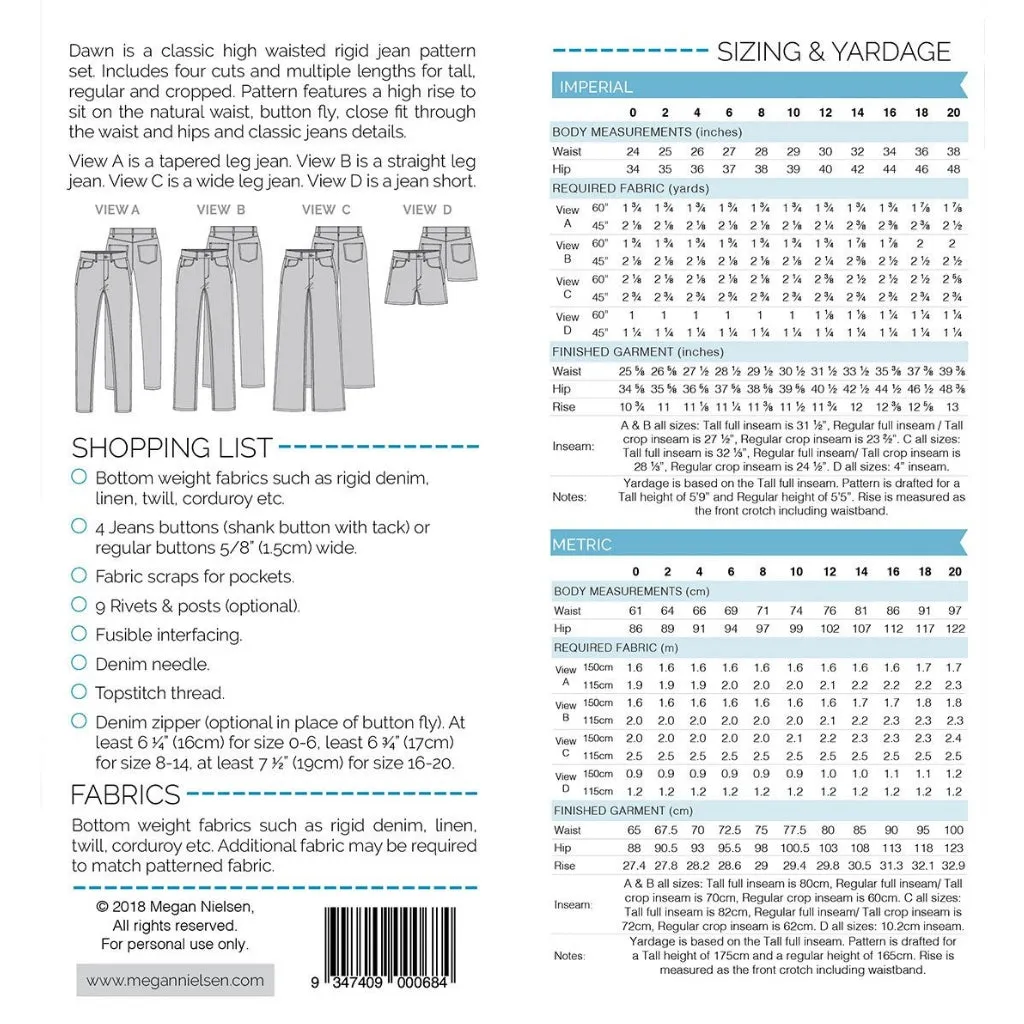 Megan Nielsen Patterns Dawn Jeans