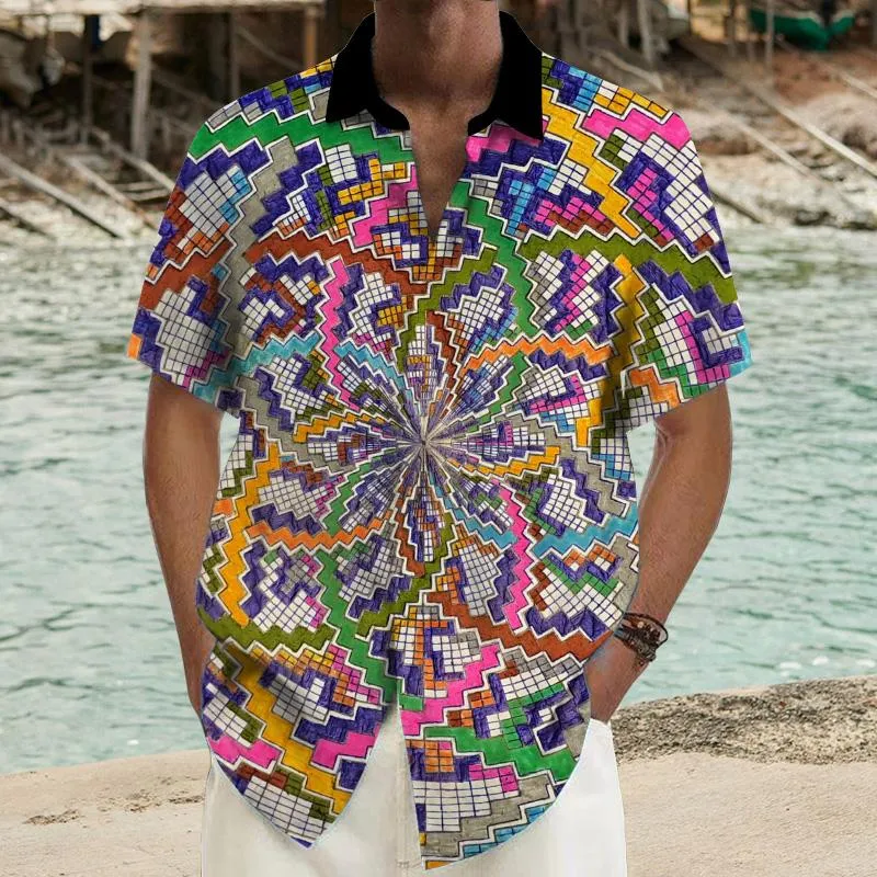 Men's Colorful Plaid Short-Sleeved Ramie Shirt 90454548YY